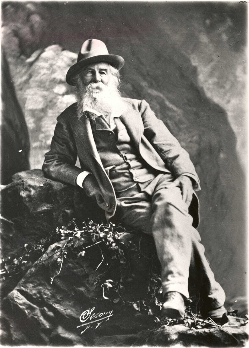 Whitman on a rock. A 1878 photo by Napoleon Sarony. 