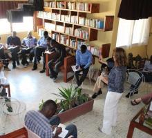Gabrielle Calvocoressi starts a writing exercise at the Haiti PEN Center.jpg