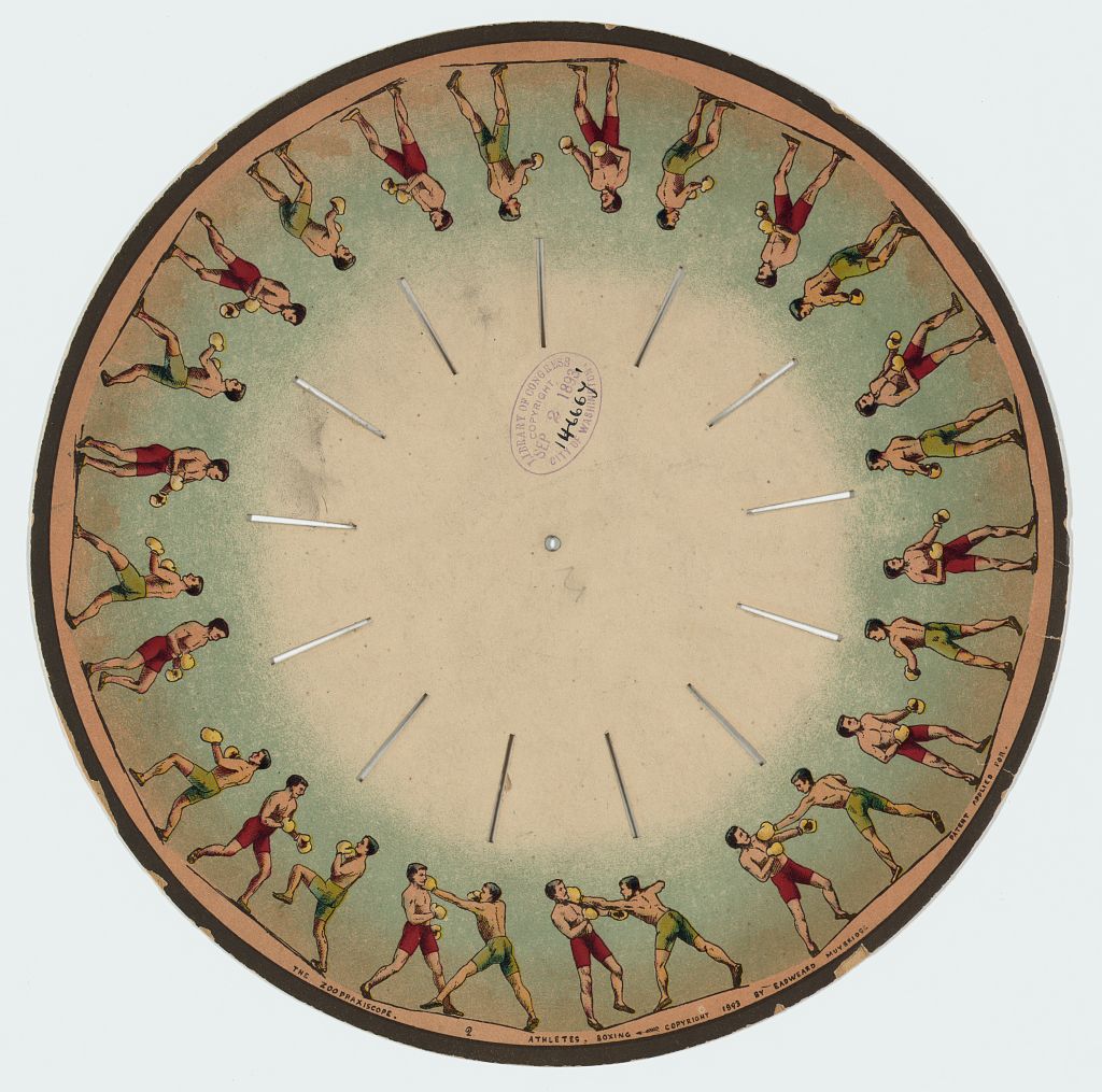 (Zoopraxiscope disc, 2 men boxing; E. Muybridge, 1893)