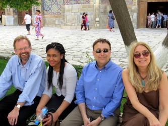 A group of Lines & Spaces participants sitting for an interview with local press in Samarkand