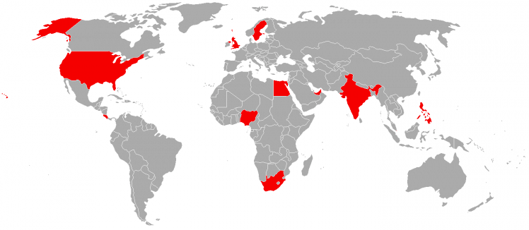 A map of the world that highlights which countries the participants are from, including Costa Rica, Egypt, England, India, Nigeria, the Philippines, Singapore, South Africa, Sweden, the United Arab Emirates, and the United States.