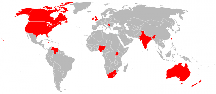 A map of the the world that highlights which countries the participants were from, including: Australia, Bahrain, Canada, India, Ireland, Israel, Jamaica, New Zealand, Nigeria, Scotland, Serbia, South Africa, Taiwan, Trinidad and Tobago, Uganda, the United States.