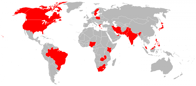 A map of the world that highlights which countries the participants were from, including:Brazil, Canada, Greece, India, Iran, Japan, Kenya, Malaysia, Nigeria, Pakistan, the Philippines, Poland, Singapore, South Africa, Sweden, the United Arab Emirates, the United States, and Zambia