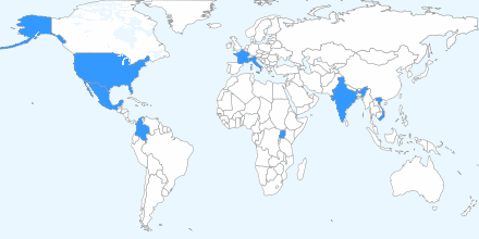 A map of the world that highlights which countries the participants are from, including:  Bahrain, Colombia, France, India, Italy, Kuwait, Mauritius, Mexico, Uganda, and Vietnam.