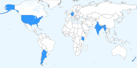 A map of the world that highlights countries that the participants are from, including: Argentina, Bangladesh, Germany, India, Kenya, Burma/Myanmar, New Zealand, and the United States.