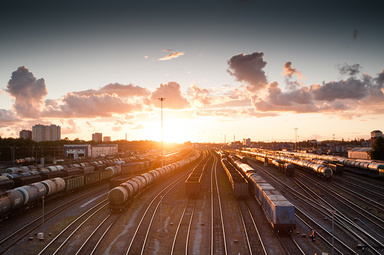 Trains on train tracks.