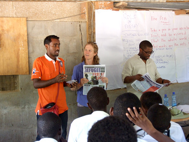 Moulid Hujale, managing editor of The Refugee, an independent newspaper produced in the Dadaab refugee camps, speaks to refugee students attending Jenny Browne and Major Jackson's 2011 writing workshop.