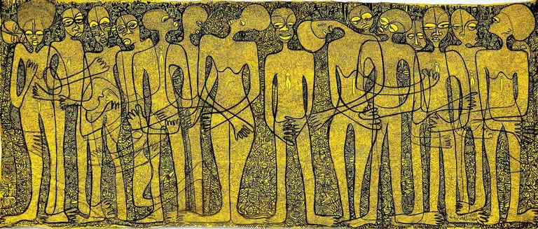 A painting by Victor Ehikhamenor of numerous abstract human figures with intertwined arms and minimalist features on a yellow and black patterned background.  Titled "Waiting Along The Hallway of Pleasure.