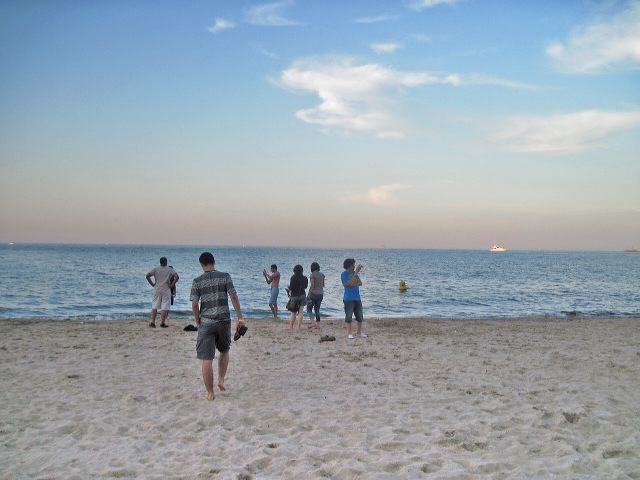 A group of Between the Lines participants spend time at Oak Street Beach in Chicago.