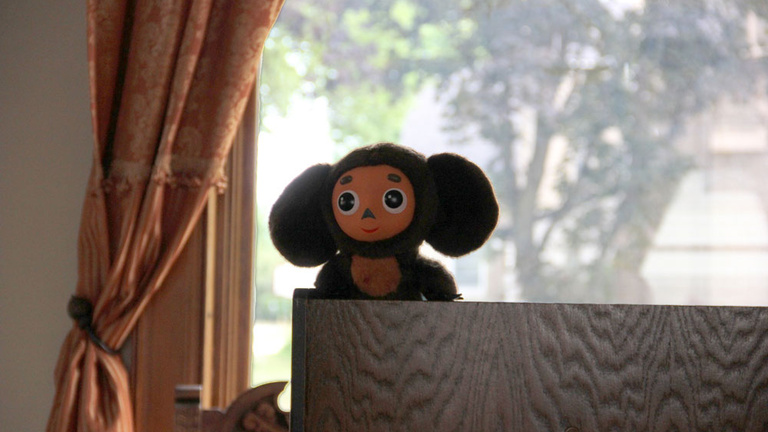 A picture of Cheburashka: a stuffed animal that resembles a monkey with very large ears.