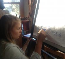 Alina writing "I Love Russia!" 