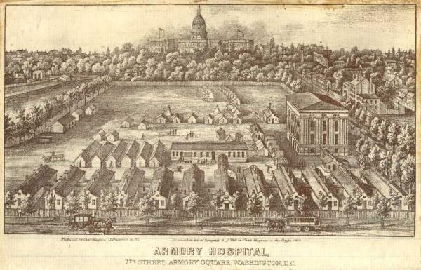 Lithographie de l’Hôpital Armory Square (Avec l’aimable autorisation de la National Library of Medicine)