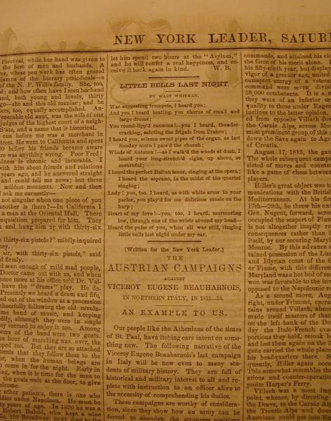 The original publication of “I Heard You, Solemn-Sweet Pipes of the Organ” (then called “Little Bells Last Night”) in the New York Leader (October 12, 1861). Courtesy Walt Whitman Archive. 